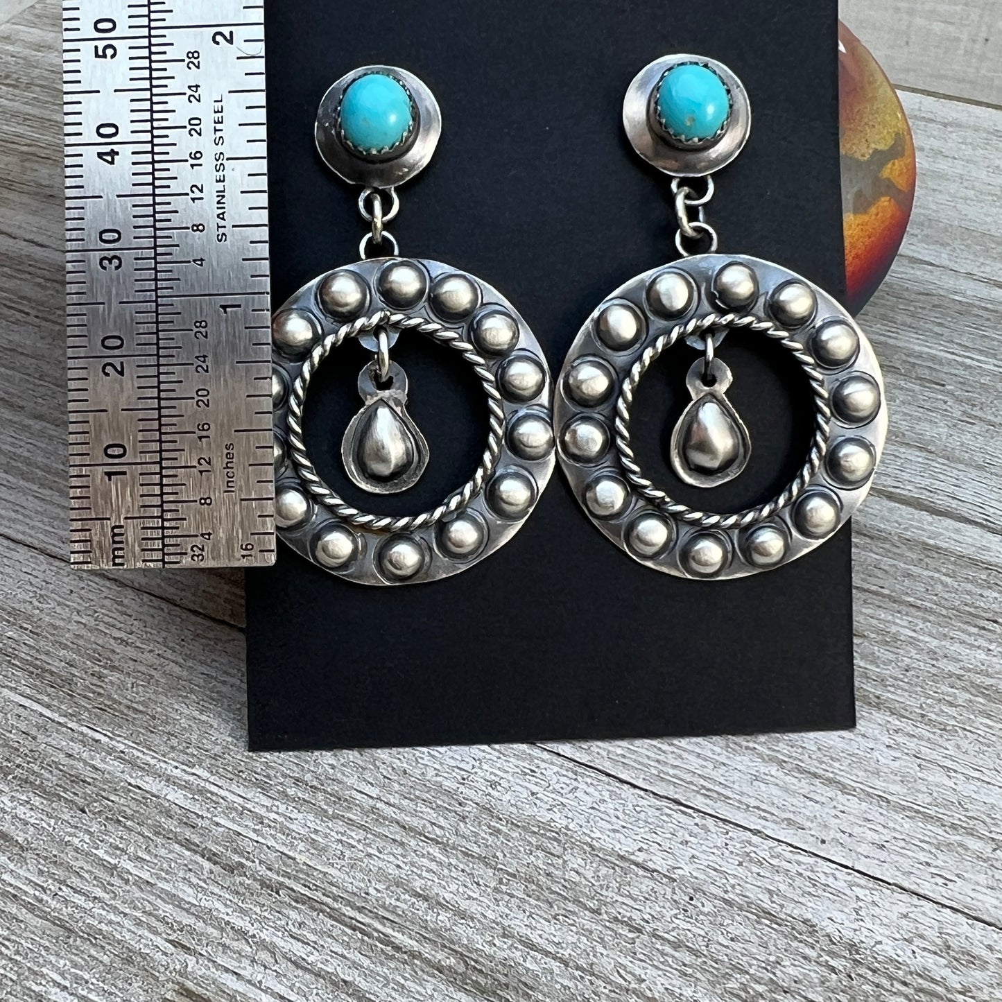 Navajo hand stamped turquoise hoop earrings sterling silver Gabrielle Yazzie