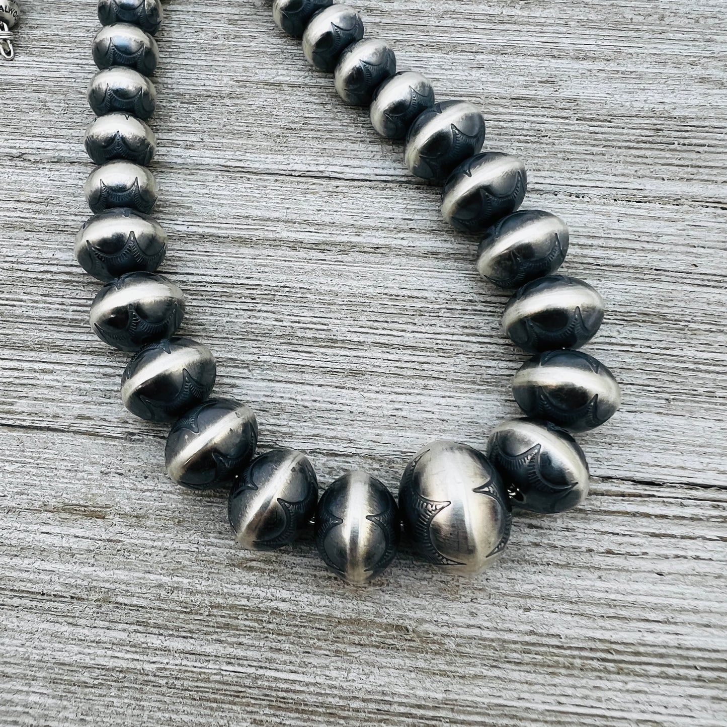 20" Sterling silver Handmade Navajo Pearl Graduated stamped bead necklace Bryannen Halwood signed