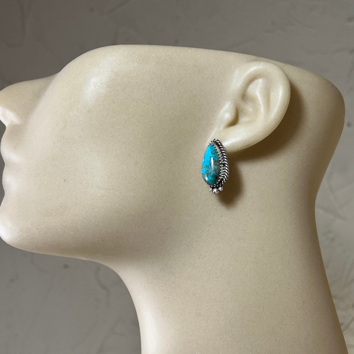 Blue Kingman Turquoise Teardrop stud earrings sterling silver Theresa Smith Navajo 718