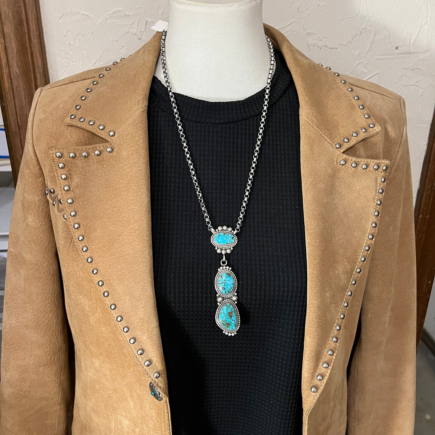 24” Kingman turquoise Necklace 5, Sterling Silver Rolo Chain Tom Lewis Navajo