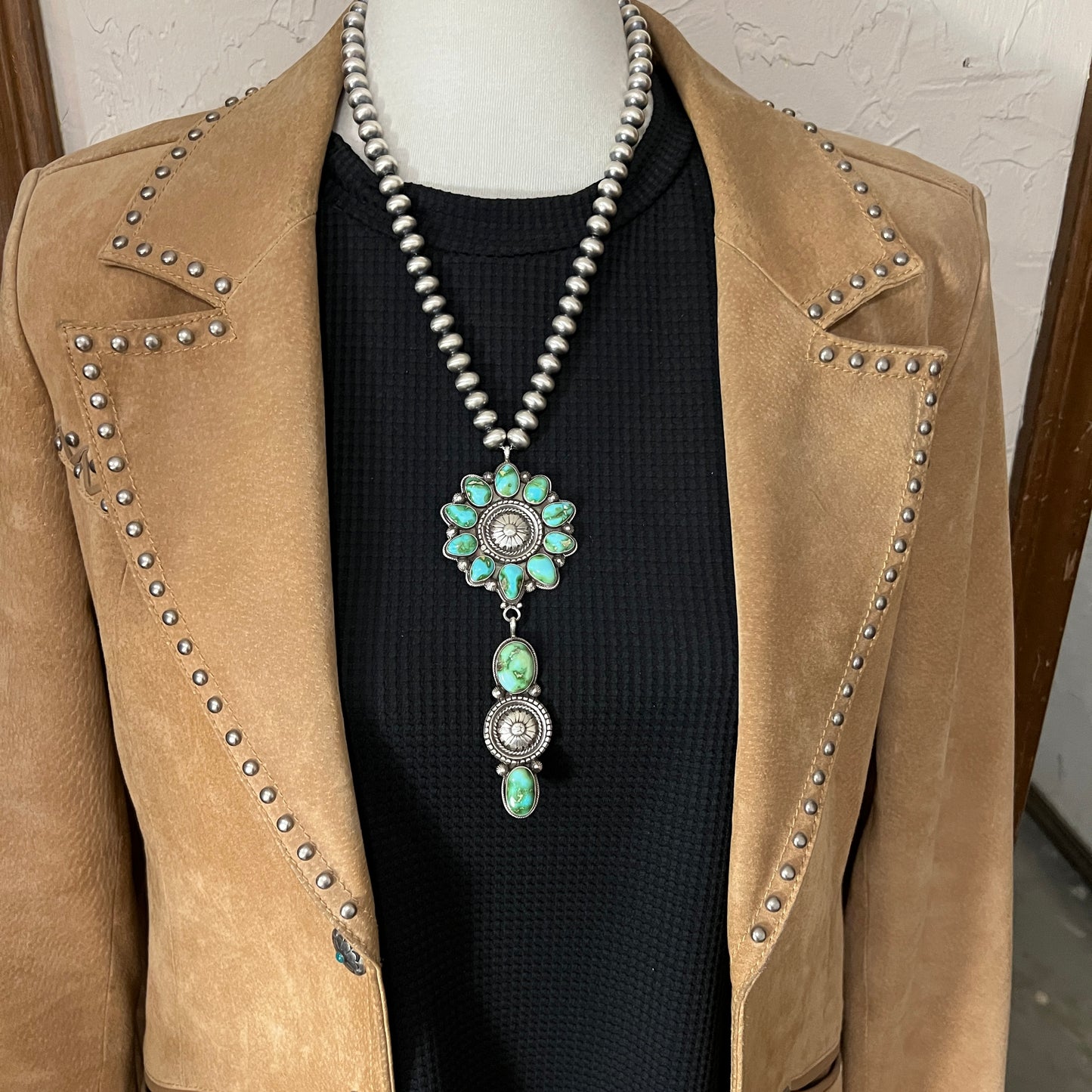 21" Sonoran turquoise Navajo Necklace Sterling Silver Pearls 10mm beads