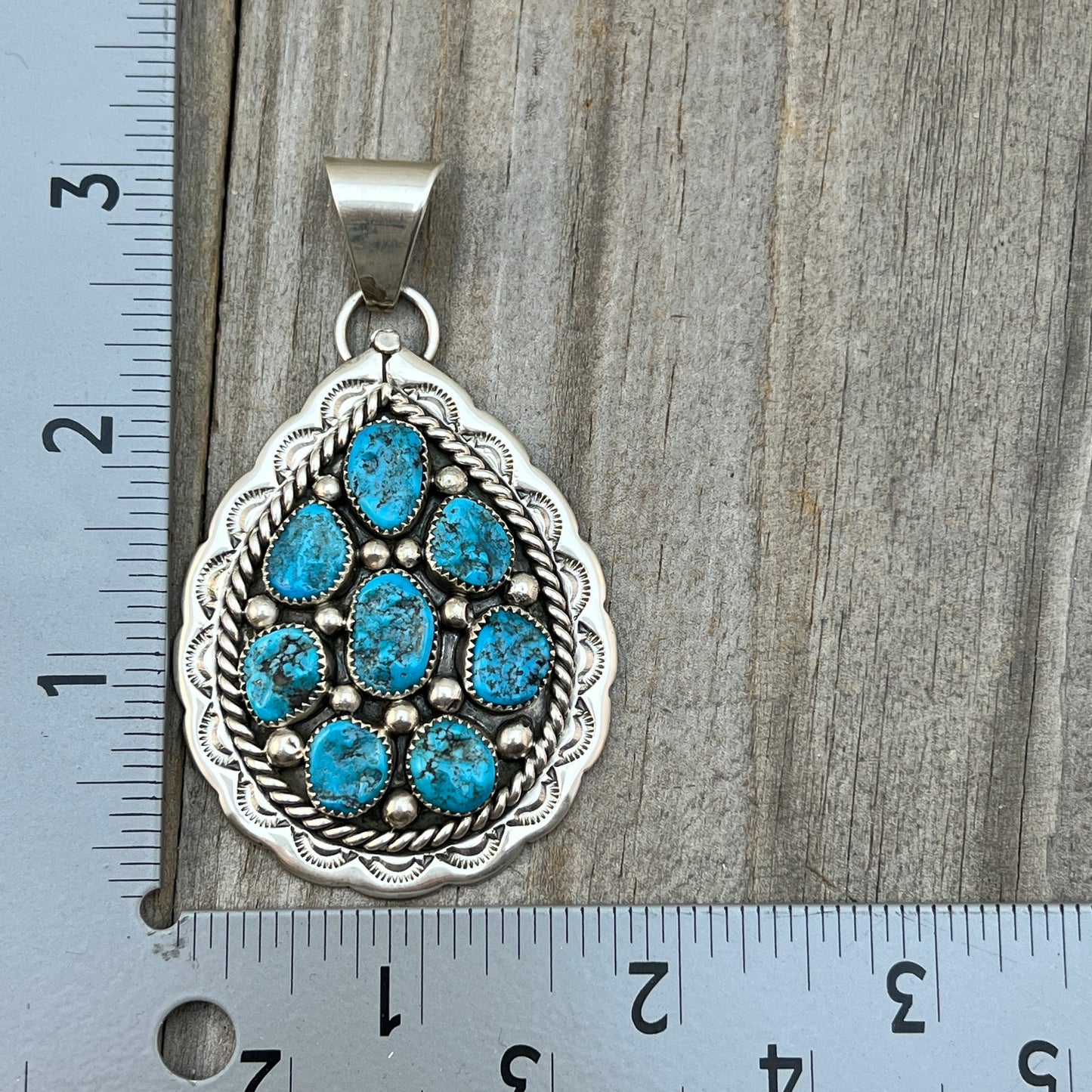 Kingman turquoise Cluster pendant sterling silver Chester Charley Navajo 810