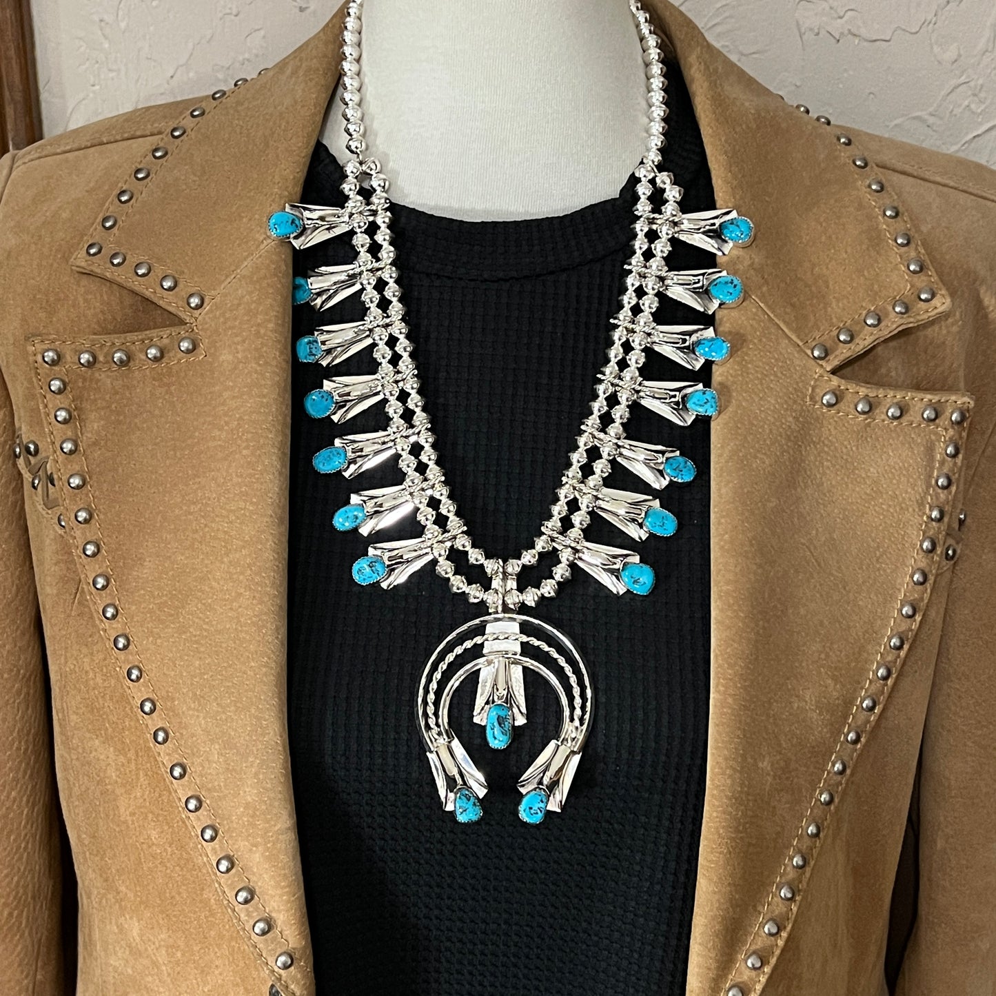 24" Sleeping Beauty Turquoise  squash blossom necklace Louise Yazzie Sterling silver set