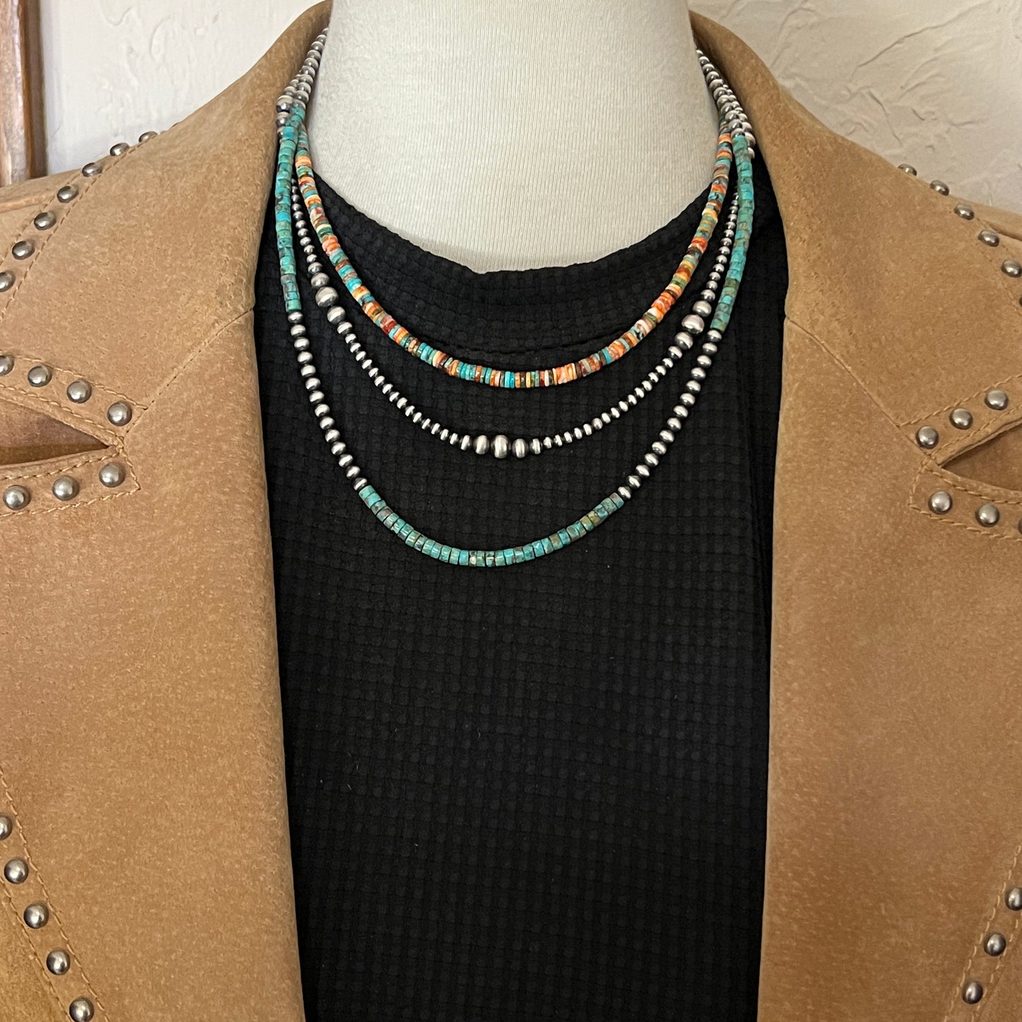 Real 925 sterling silver, 4mm Genuine Turquoise Heishi Necklace Oxidized Rustic Western Pearl Jewelry