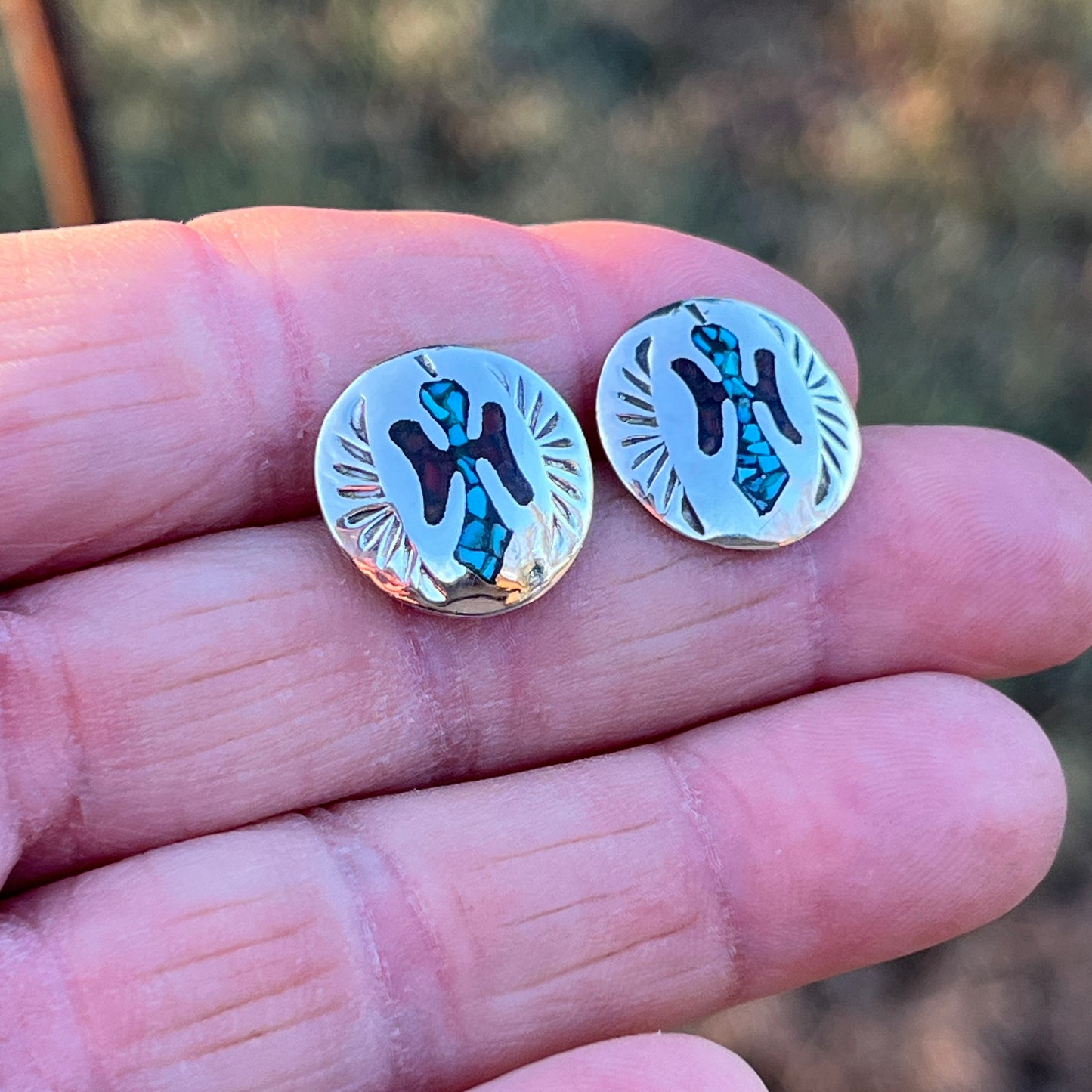 Turquoise Chip inlay Peyote bird small concho earrings Sterling silver Jolene Yazzie
