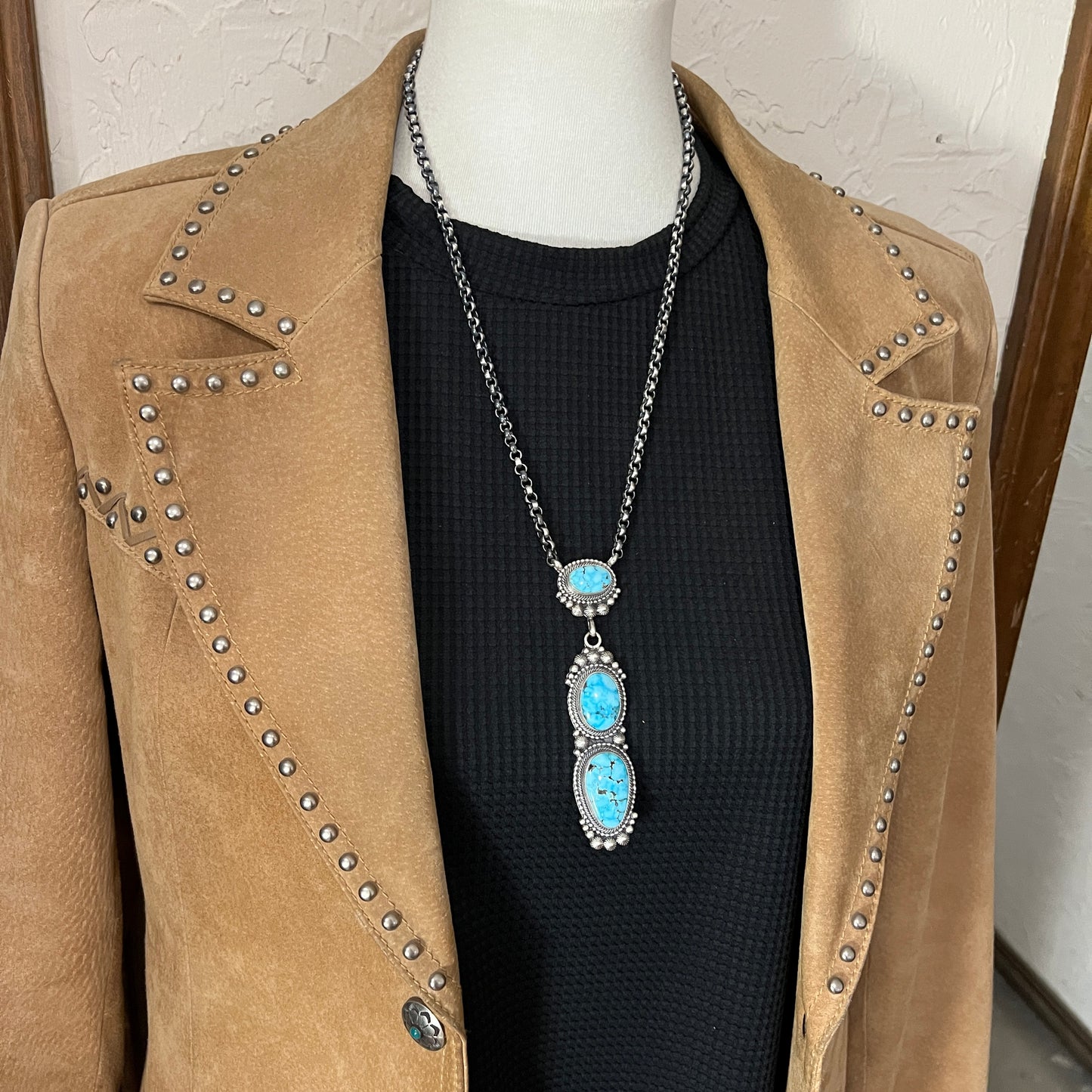 23" Blue Spiderweb Kingman turquoise Necklace, Sterling Silver Rolo Chain Navajo