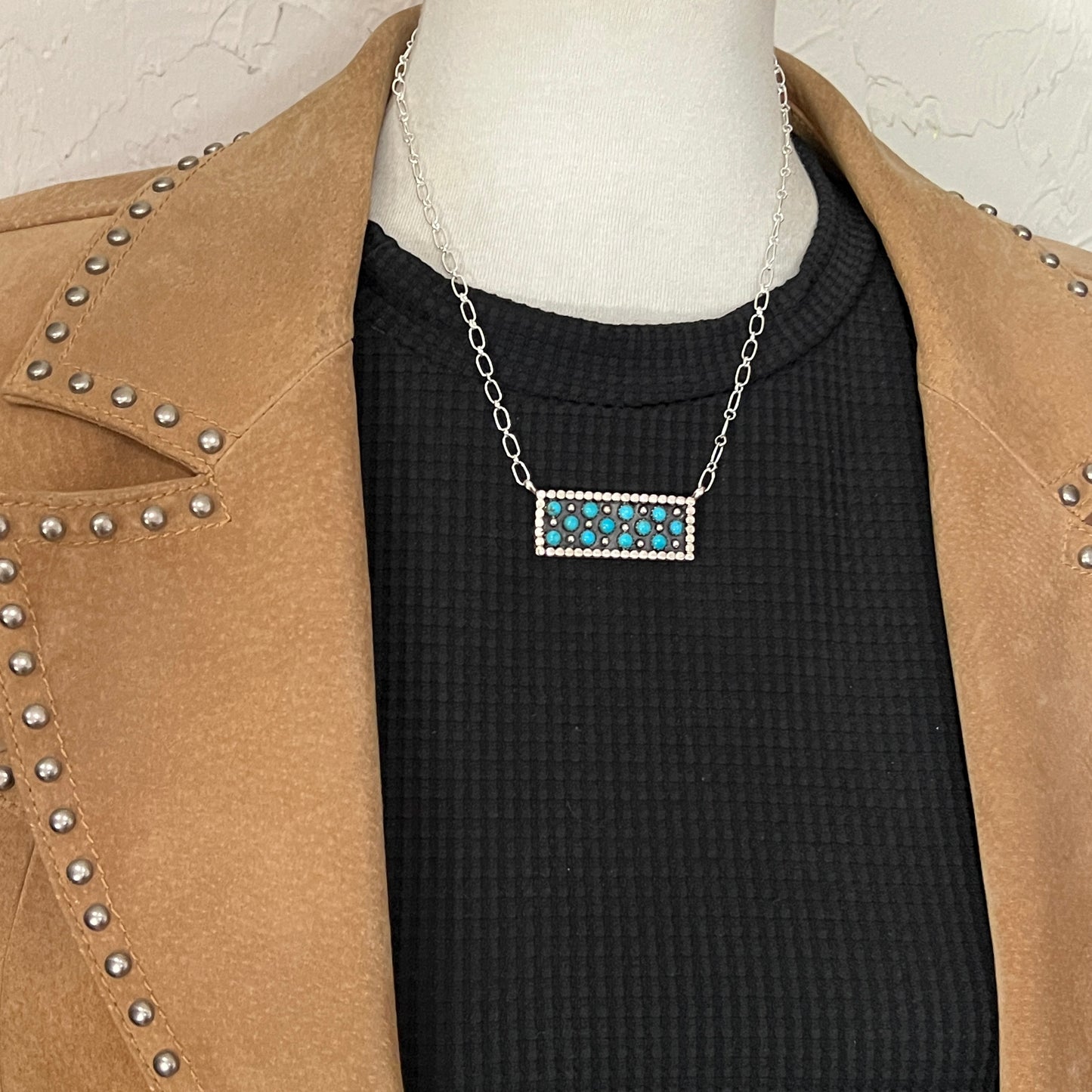 18" Zuni Snake Eye Dot Turquoise Sterling silver handmade Bar Necklace Kenny Lonjose 3