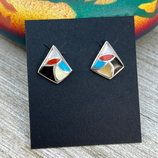 Small Zuni Fish scale inlay turquoise coral multi stone color stud post earrings, Orena Leekya