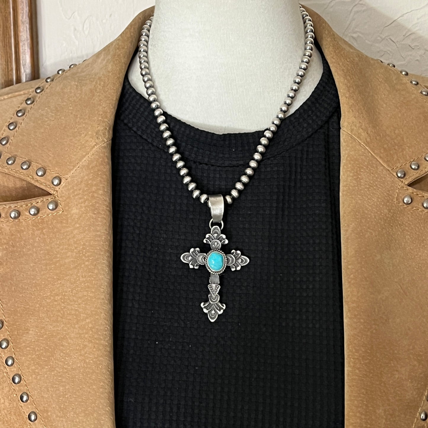 Kingman turquoise ornate cross pendant sterling silver Kevin Billah Navajo 807