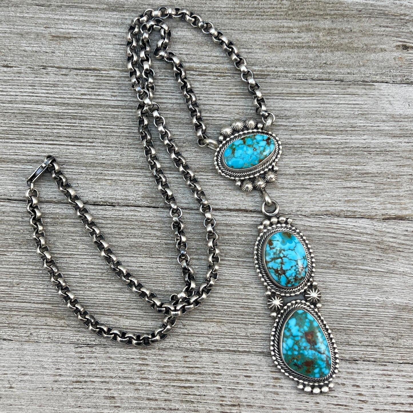 24” Kingman turquoise Necklace 5, Sterling Silver Rolo Chain Tom Lewis Navajo