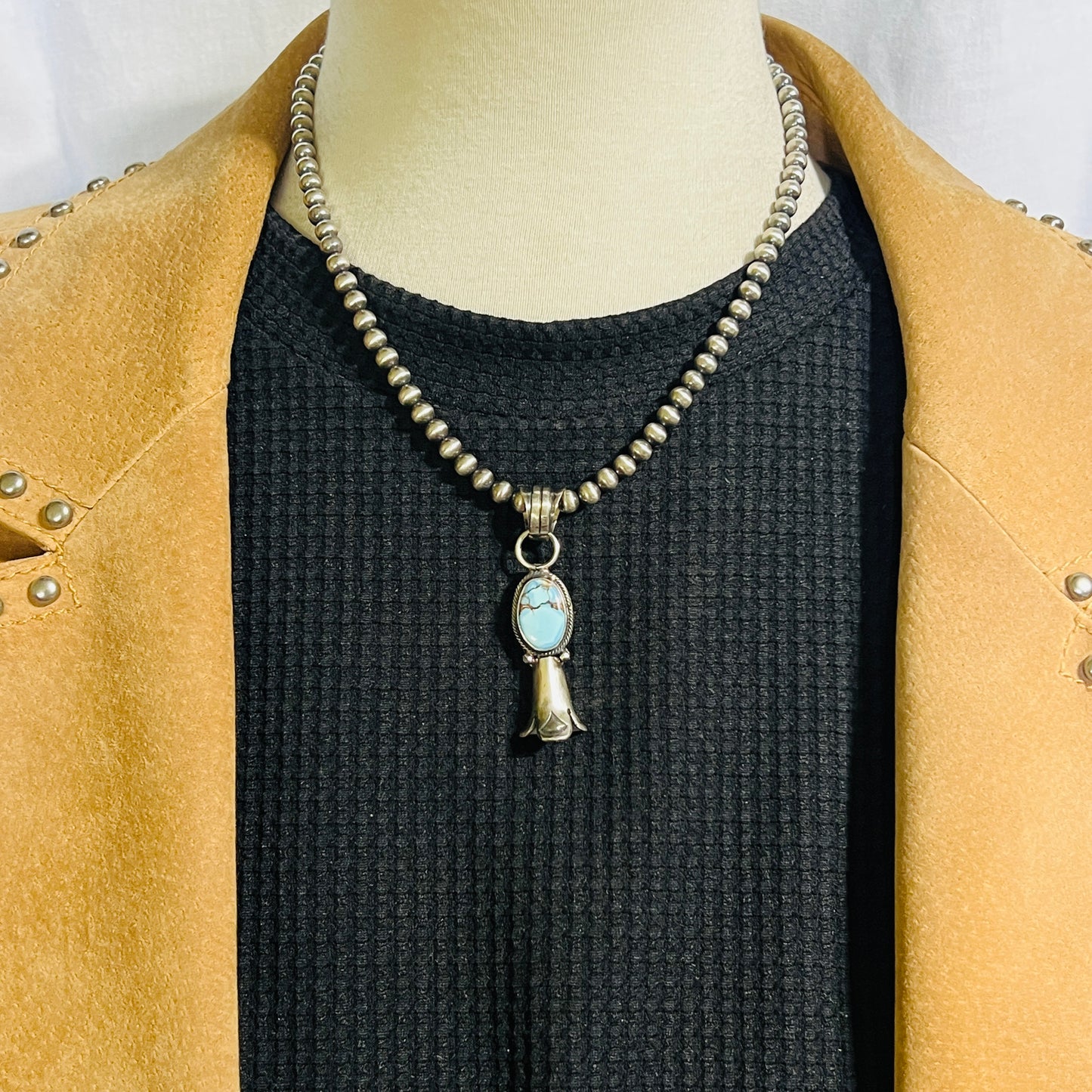 16" Golden Hills Turquoise Squash Blossom Necklace Sharon McCarthy Sterling silver  NK6