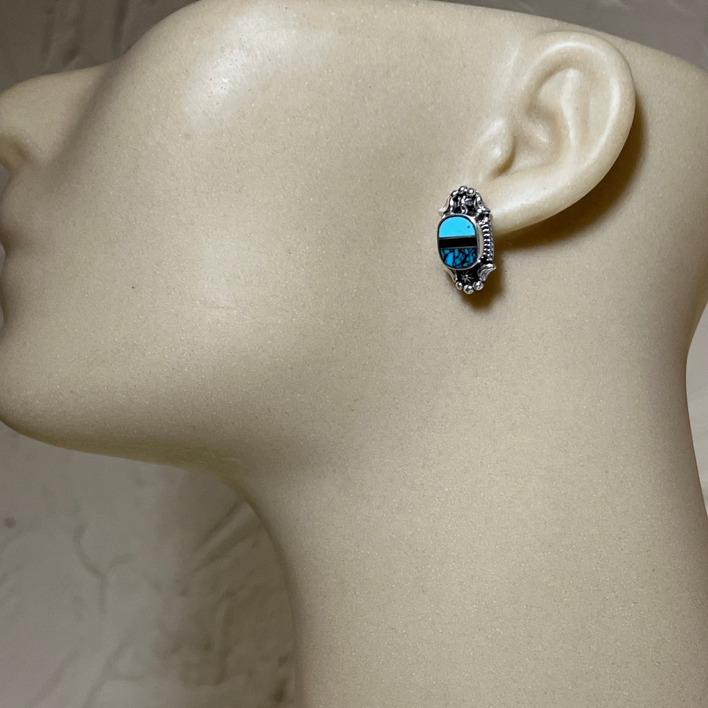 Modern Turquoise Inlay Stud Earrings Sterling Silver James Manygoats Navajo 665