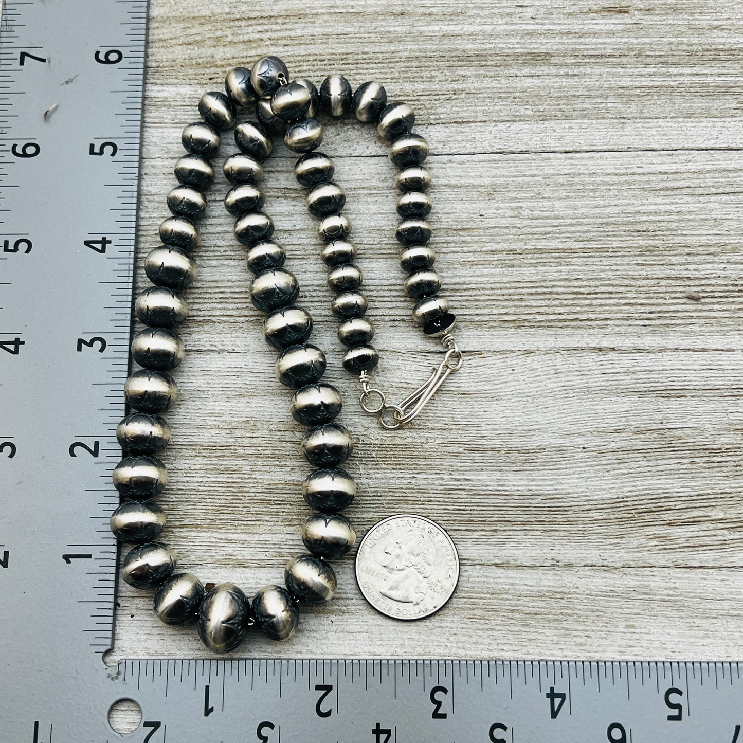 18" Sterling silver handmade Navajo Pearl Graduated stamped bead necklace Bryannen Halwood signed