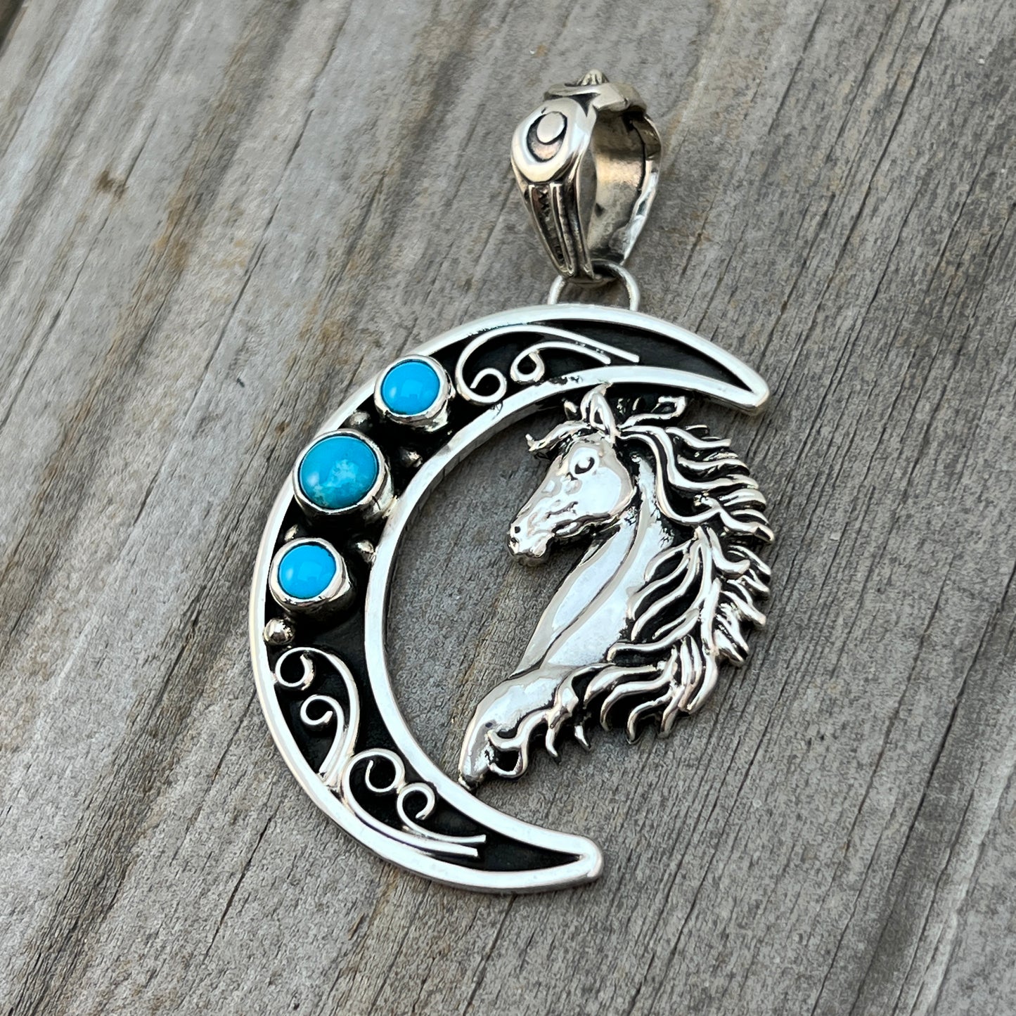 Blue turquoise horse moon pendant sterling silver Jennifer Cayaditto Navajo 819