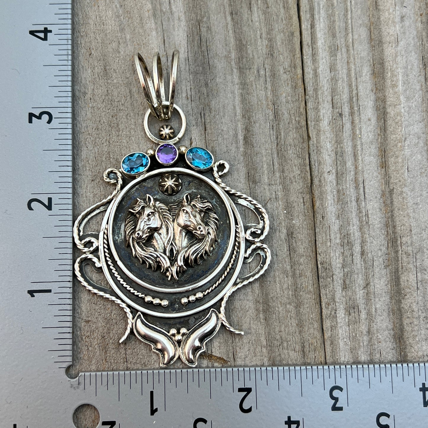 Large horse pendant sterling silver Blue Topaz Amethyst Irvin Tsosie Navajo 824