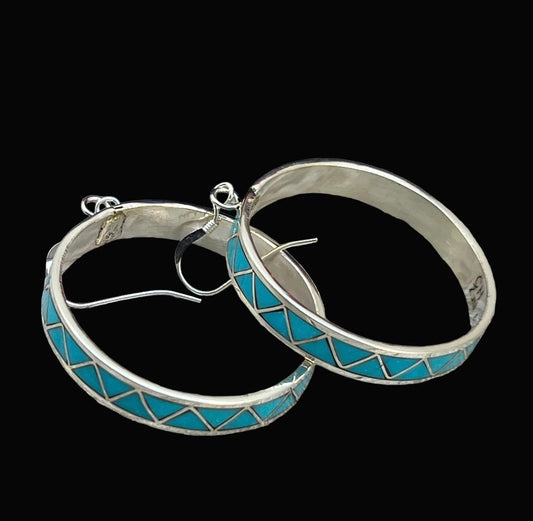 Modern Turquoise inlay Dangle hoop earrings Claudine Haloo Zuni Sterling silver ER43
