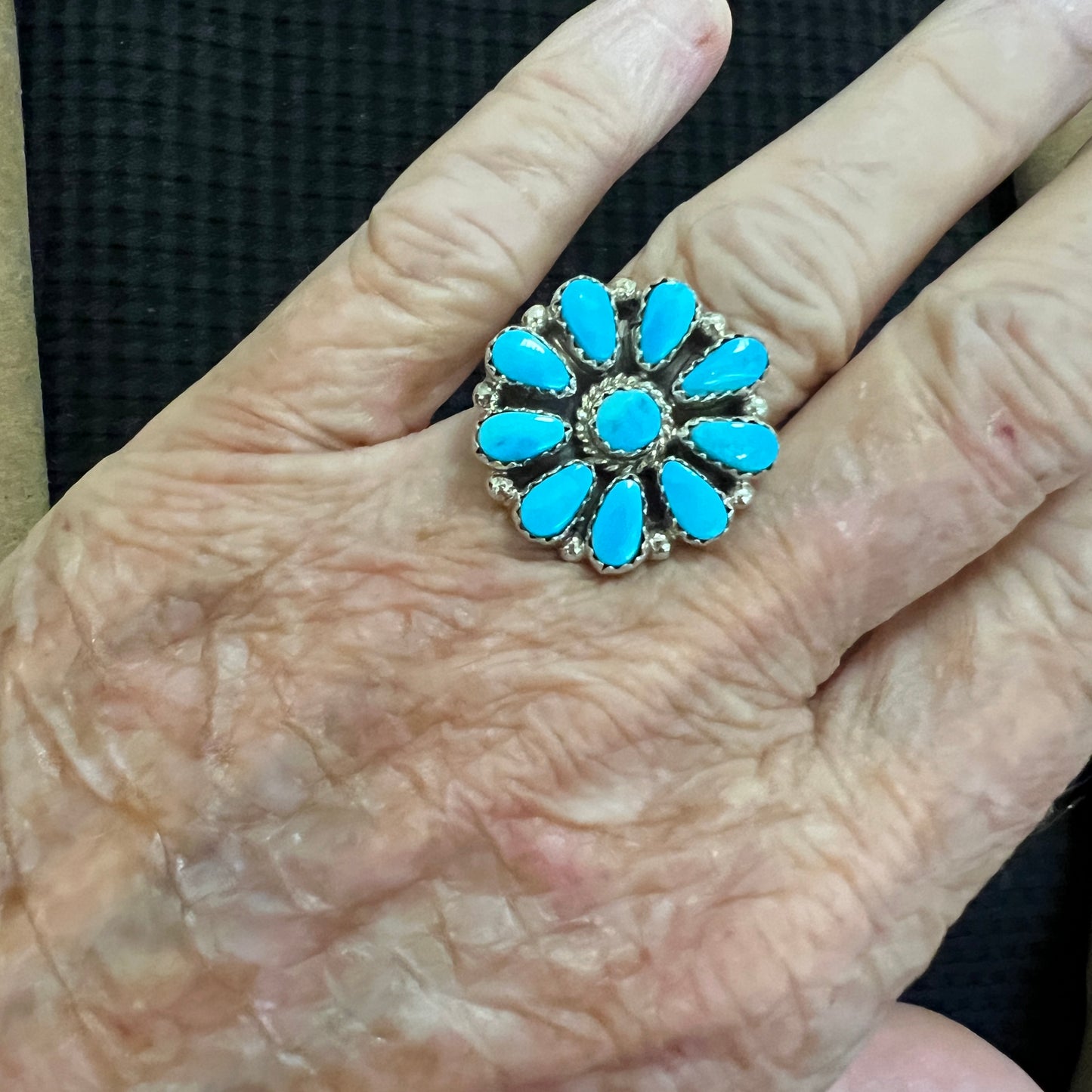 Size 7.5 Blue Turquoise Round Cluster Ring Navajo handmade Sterling Silver Alicia Wilson