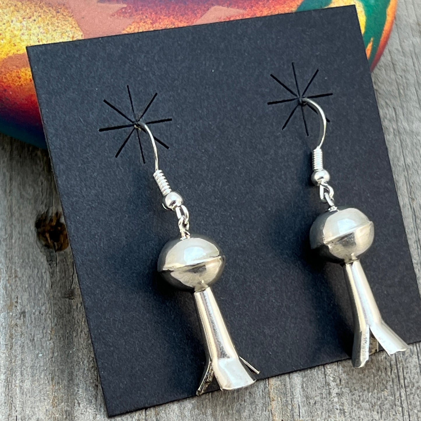 Small lightweight all silver squash blossom dangle earrings Sterling silver Emily Tsosie 658