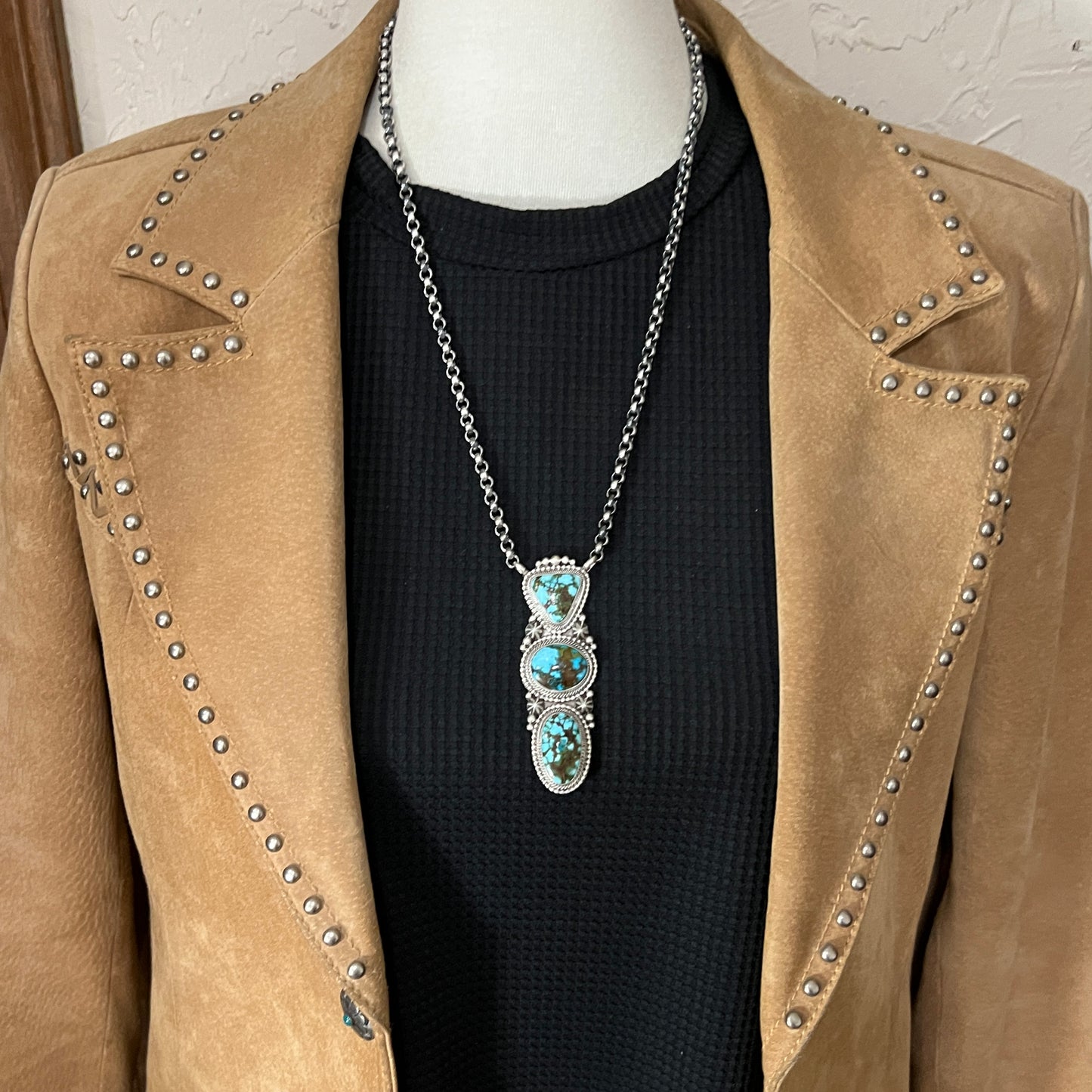 24" Kingman turquoise Necklace 1, Sterling Silver Rolo Chain Tom Lewis