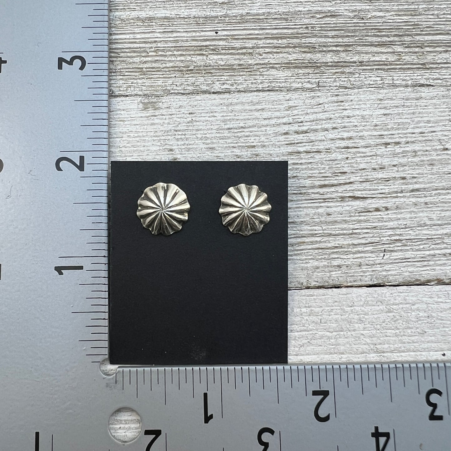 Lightweight small fluted Corrugated stamped concho earrings Sterling silver Sally Shurley