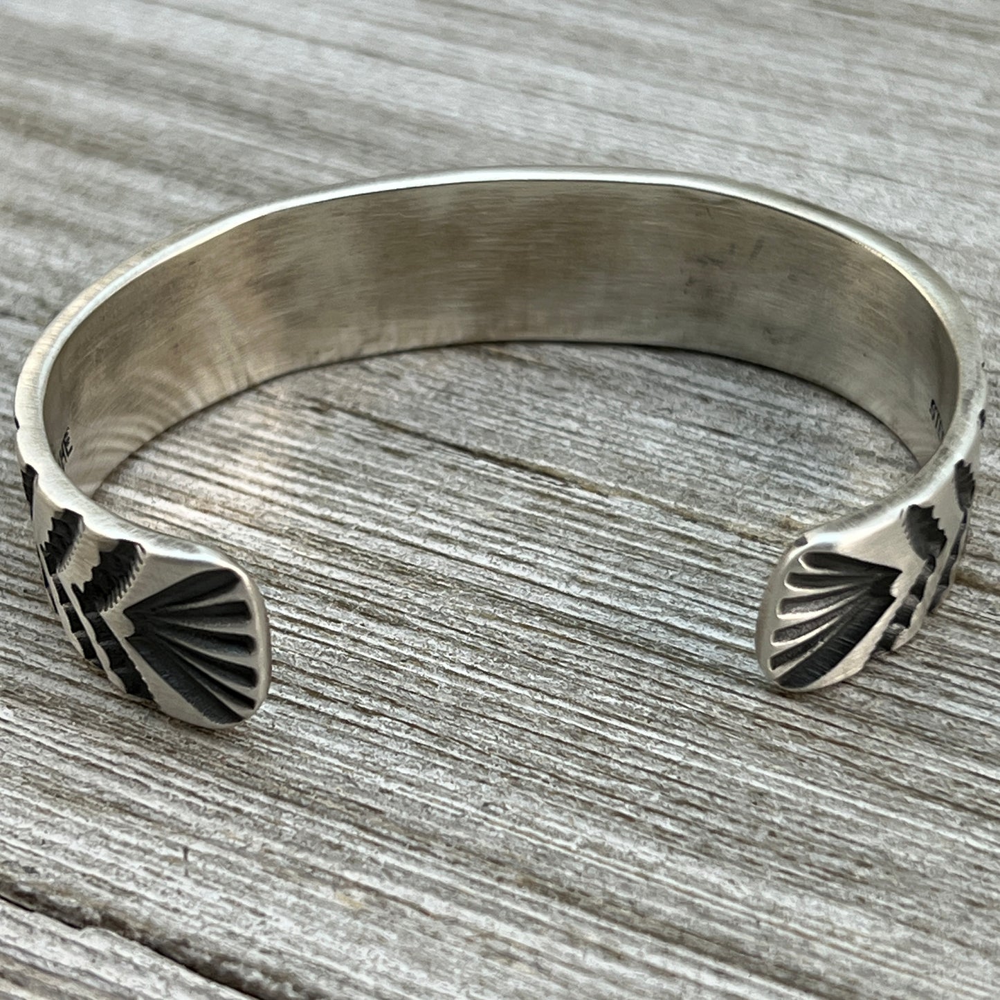 6.5" Heavy Stamped cuff bracelet 3, Navajo handmade Jerrold Tahe, sterling silver stack