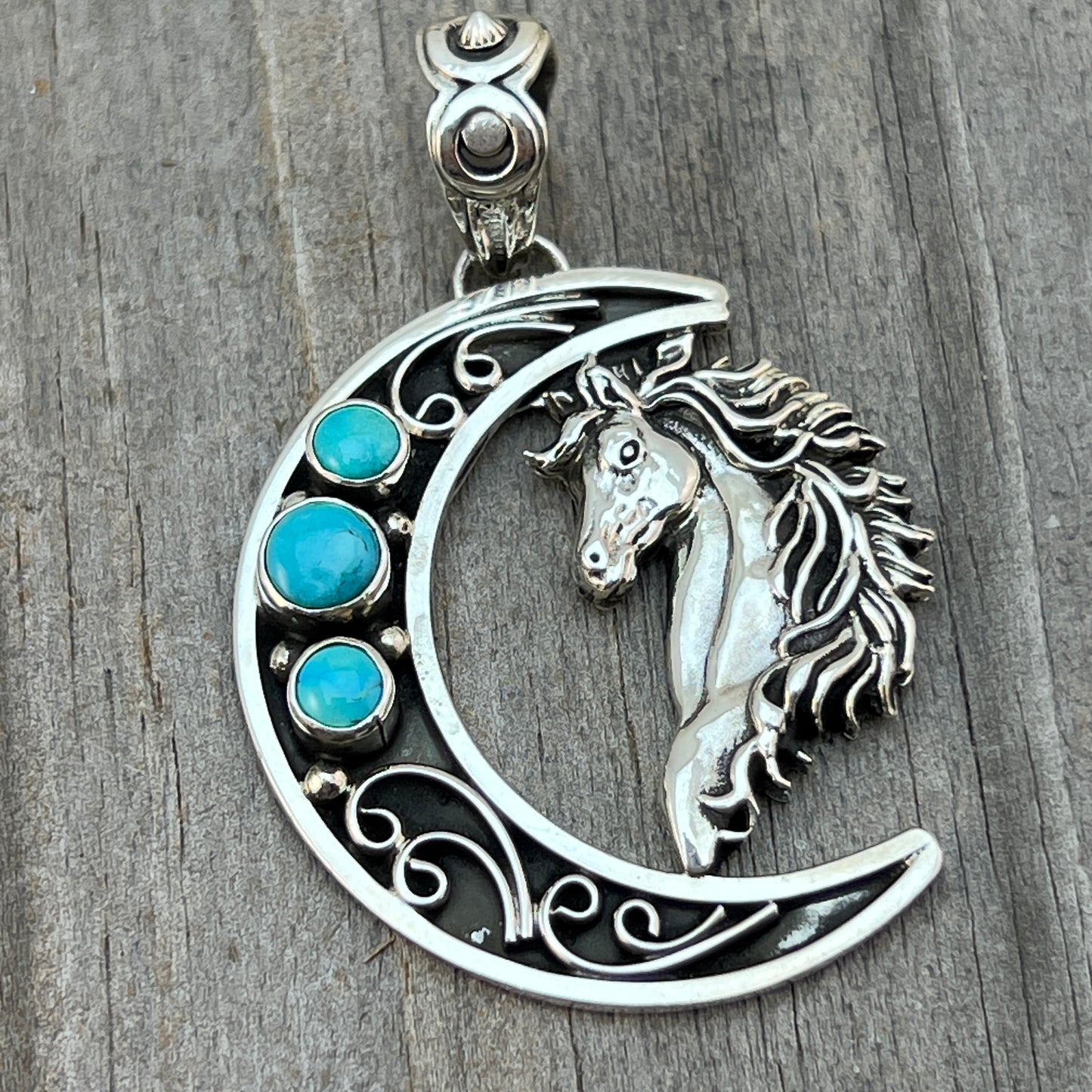 Blue turquoise horse moon pendant sterling silver Jennifer Cayaditto Navajo 822