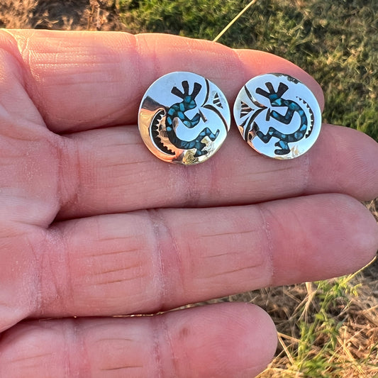 Turquoise Chip inlay Kokopelli small concho earrings Sterling silver Jolene Yazzie