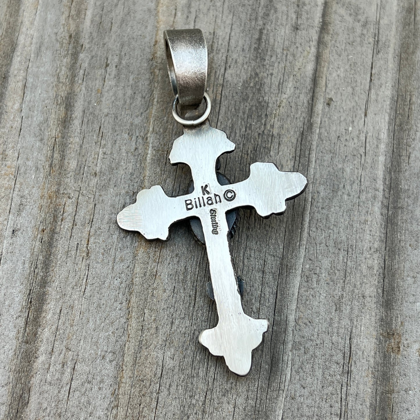 Kingman turquoise ornate cross pendant sterling silver Kevin Billah Navajo 807