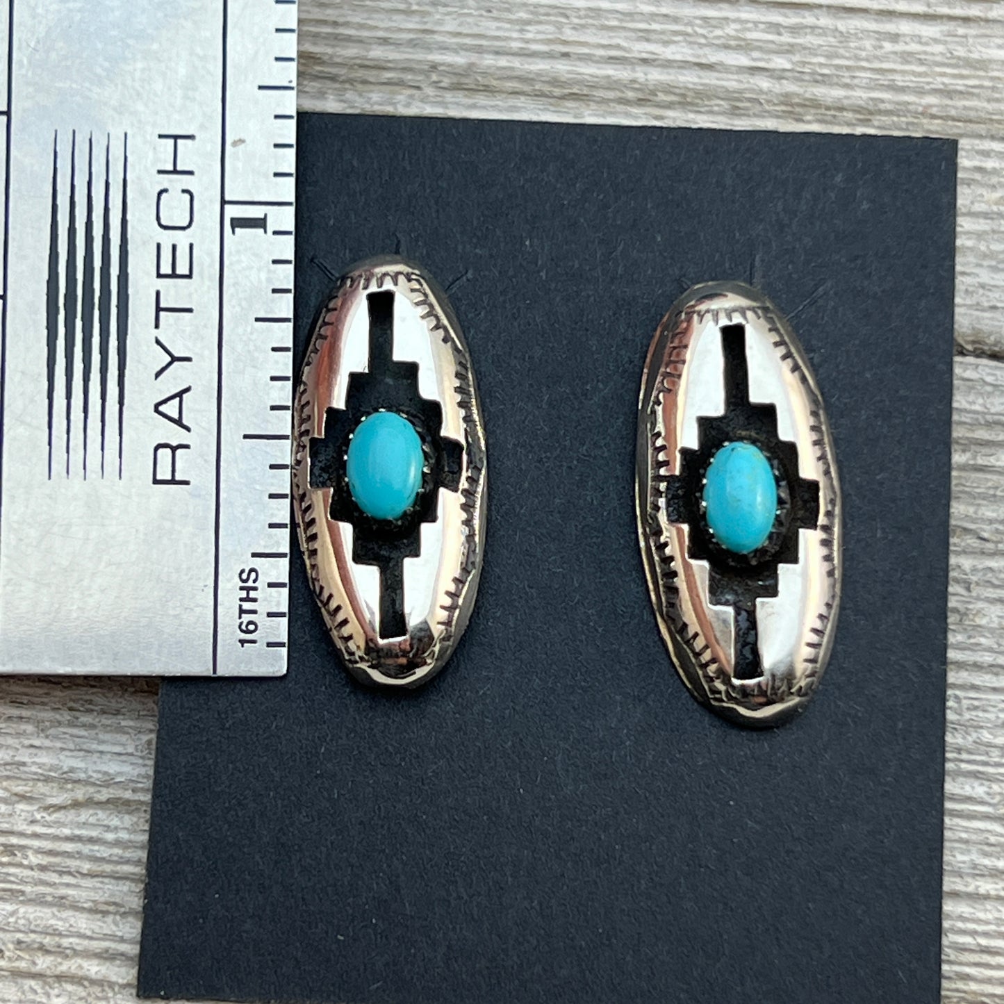 Small oval concho shadowbox post stud earrings, sterling silver turquoise Felix Perry