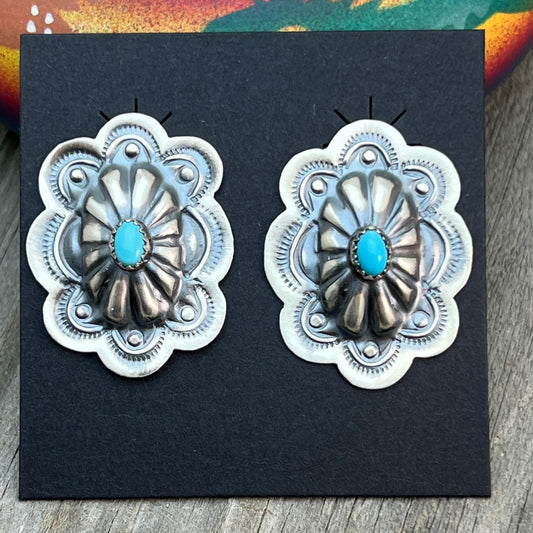 Turquoise stamped concho earrings sterling silver Lavina Benally Navajo 712