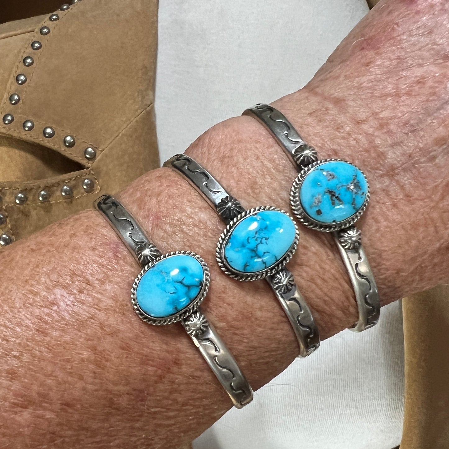 Blue Kingman Turquoise narrown stack Cuff bracelet Sterling Silver Samuel Yellowhair 40