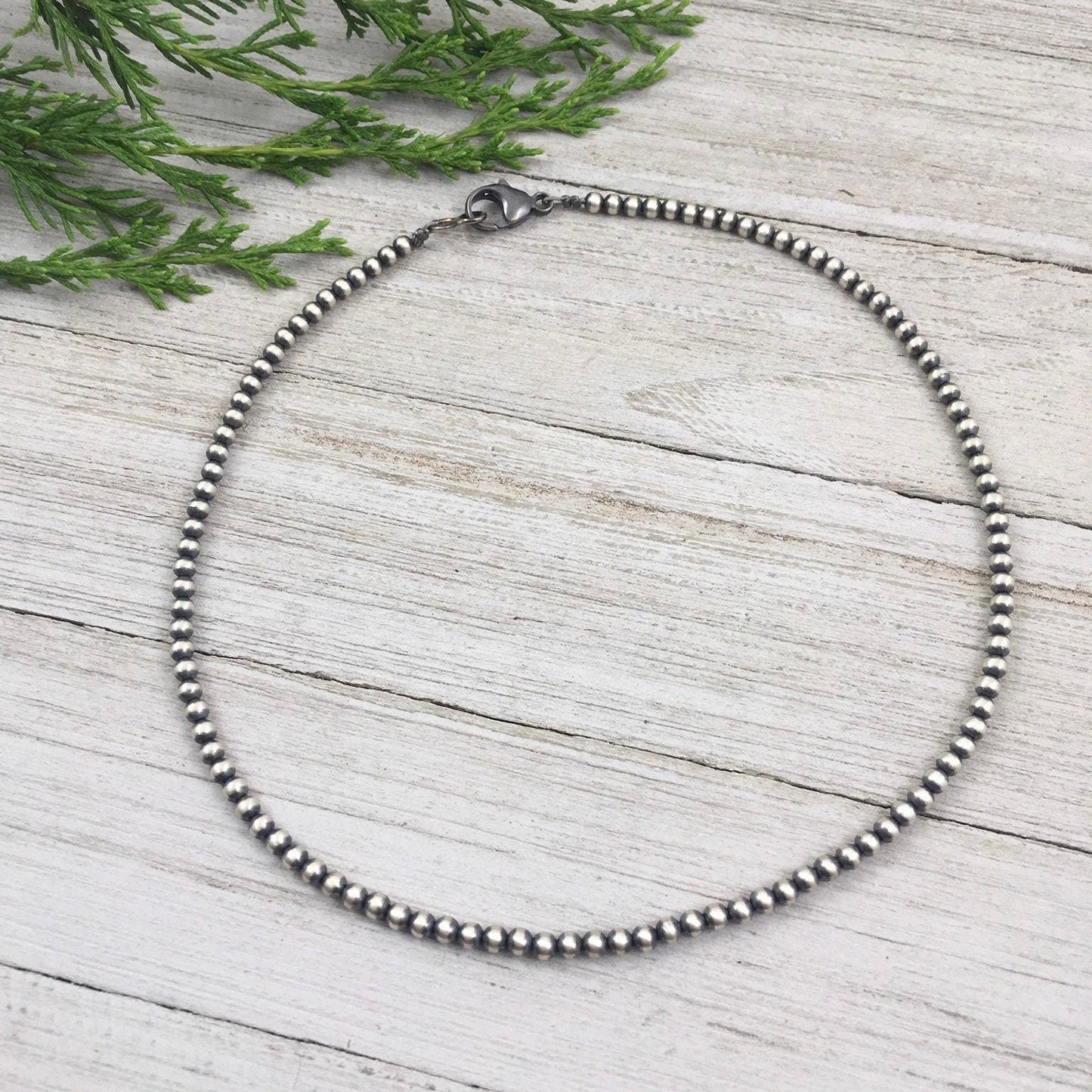 Real 925 4mm Oxidized Sterling Silver Bead Necklace Classic Western Southwest Pearl necklace