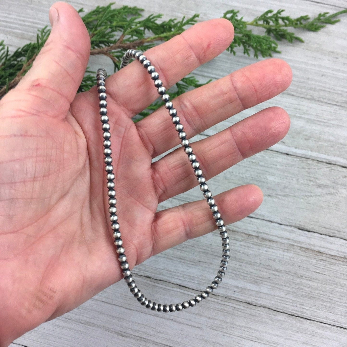 Real 925 4mm Oxidized Sterling Silver Bead Necklace Classic Western Southwest Pearl necklace