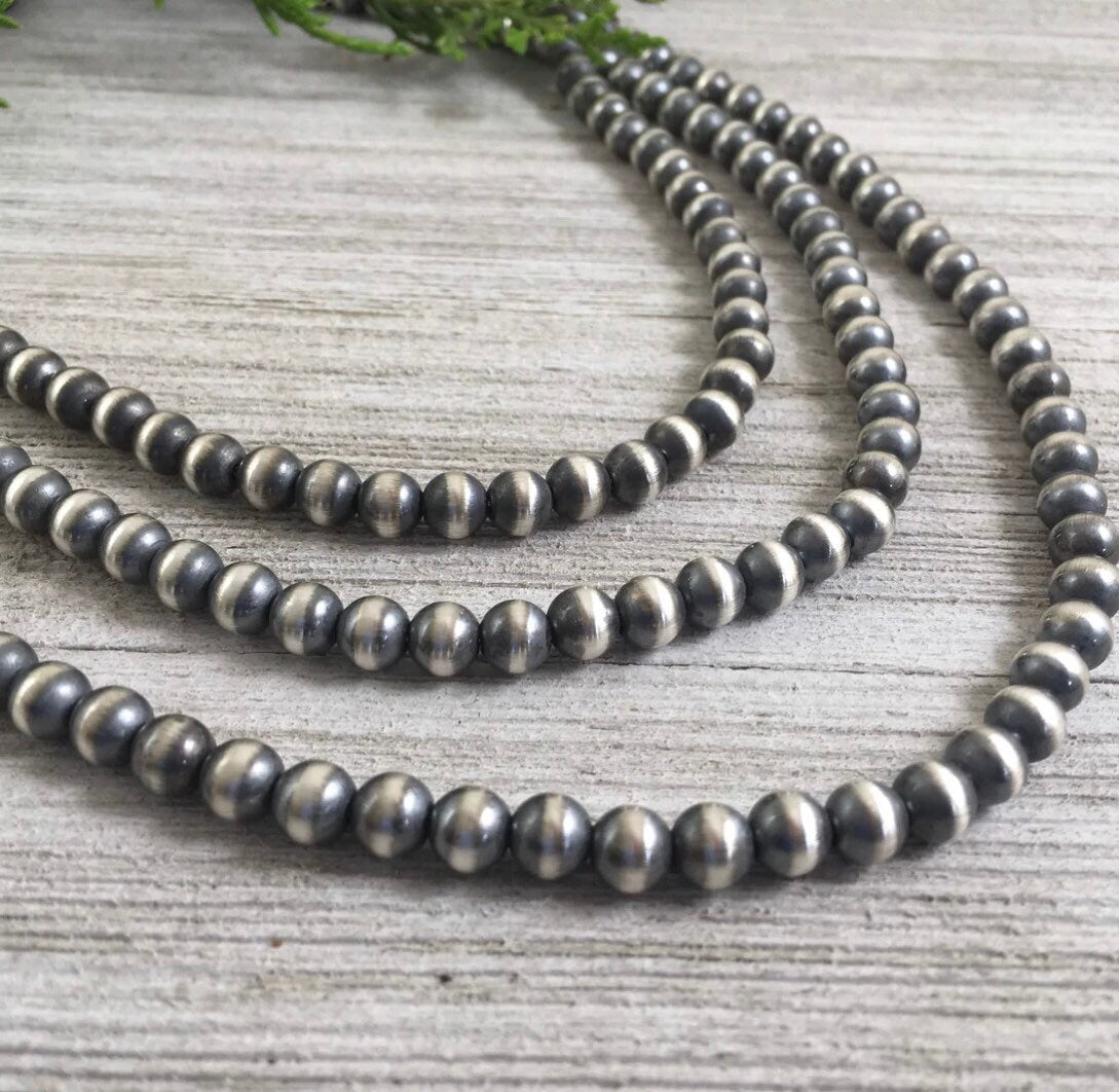 Real 925 6mm Sterling Silver Bead, Necklace, Oxidized Sterling Silver, Classic Western Jewelry, small beads, Southwest Pearls