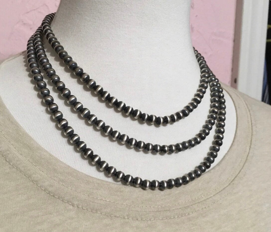 Real 925 6mm Sterling Silver Bead, Necklace, Oxidized Sterling Silver, Classic Western Jewelry, small beads, Southwest Pearls